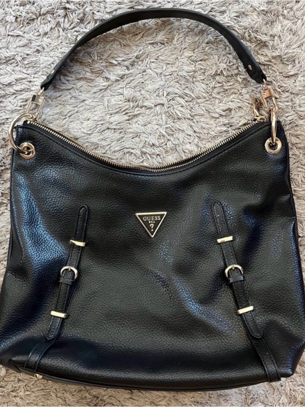 GUESS  Levia Black Pebbled Leather Shoulder Bag Hobo with Gold Hardware